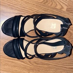 Joe’s Black Leather Strappy Straw Wedges